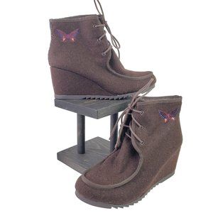 Sakroots Tango Brown Felt Wedge Butterfly Wedged Booties, Sz 8
